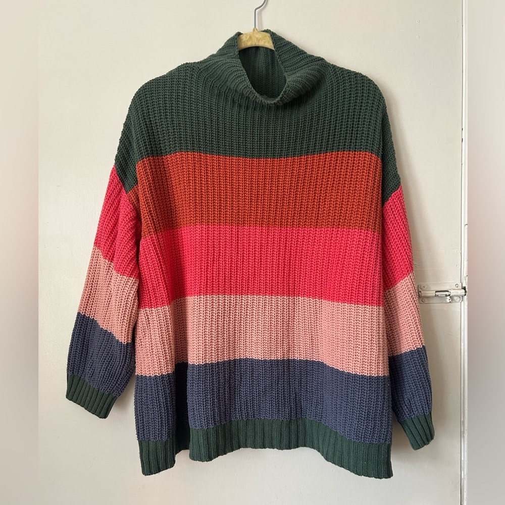 American Eagle Outfitters Striped Cowl Neck Sweater in Green, Coral, Pink & Navy